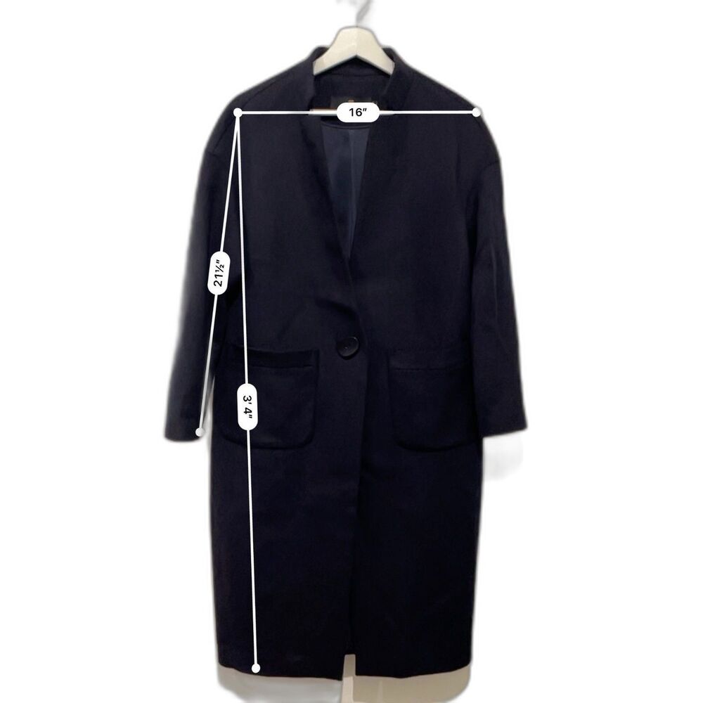 Women’s Navy Blue Minimalist Coat – Single Button Long Jacket – Lined, Size L